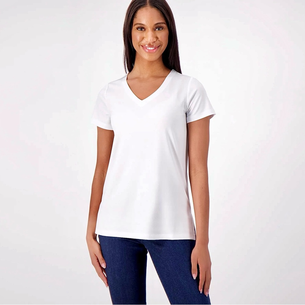 Susan Graver Modern Essentials Liquid Knit Top Sz MP White V Neck Short Sleeve